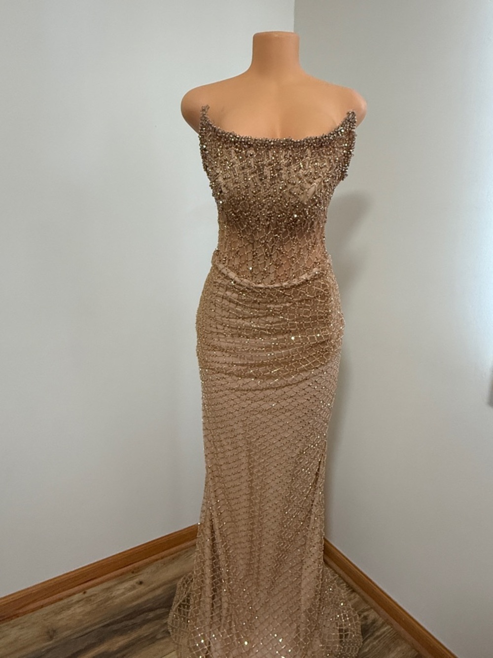 Strapless Beaded Evening Gown in Champagne Nude